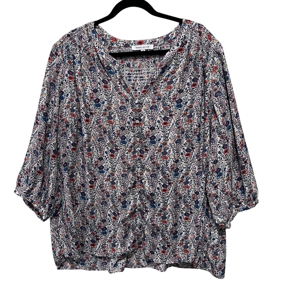 Rose &‎ Olive 3X Floral Blouse Top 3/4 Sleeve V Neck Peasant Top Plus Size